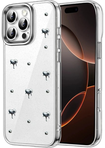 Apple iPhone 16 Pro Uyumlu Kılıf Fiyonk Desenli Sert Şeffaf Simli Kamera Çıkıntılı Gümüş Parlak Kapak