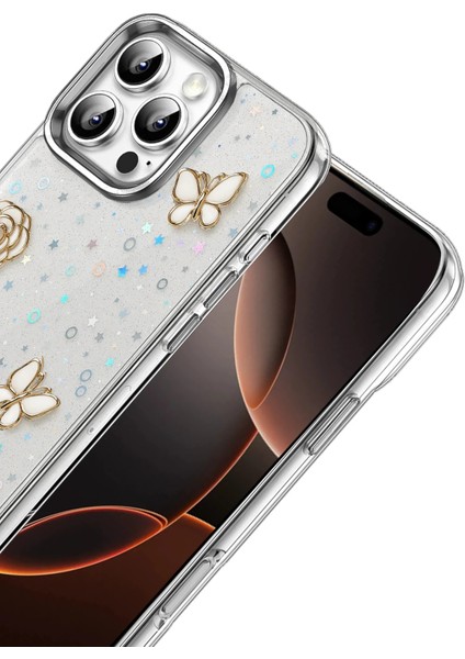 Apple iPhone 16 Pro Uyumlu Kılıf Fiyonk Desenli Sert Şeffaf Simli Kamera Çıkıntılı Gümüş Parlak Kapak fiyatları