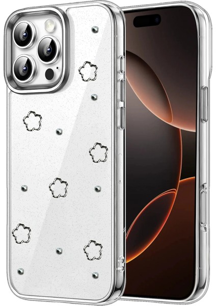 Apple iPhone 16 Pro Uyumlu Kılıf Fiyonk Desenli Sert Şeffaf Simli Kamera Çıkıntılı Gümüş Parlak Kapak
