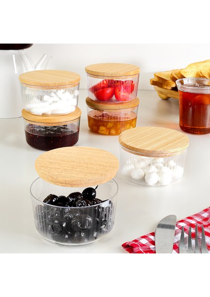 6'lı Ahşap Kapaklı Saklama Kabı Seti - Yuvarlak Sunumluk Çerezlik Reçellik Kahvaltılık Set 200 ml