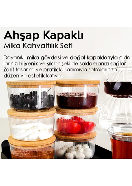 6'lı Ahşap Kapaklı Saklama Kabı Seti - Yuvarlak Sunumluk Çerezlik Reçellik Kahvaltılık Set 200 ml modelleri