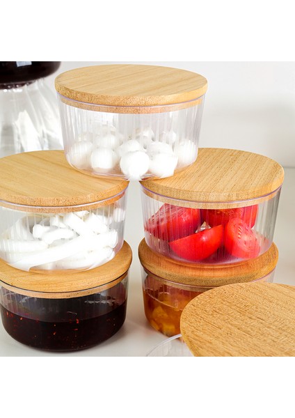 6'lı Ahşap Kapaklı Saklama Kabı Seti - Yuvarlak Sunumluk Çerezlik Reçellik Kahvaltılık Set 200 ml