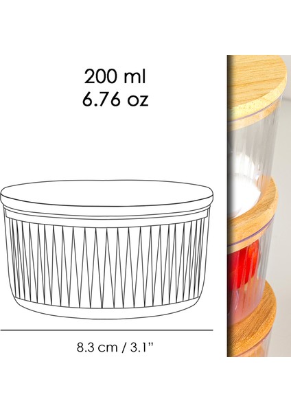 6'lı Ahşap Kapaklı Saklama Kabı Seti - Yuvarlak Sunumluk Çerezlik Reçellik Kahvaltılık Set 200 ml
