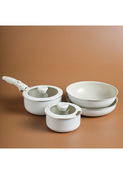 x Refika Swiss Crystal Almond Cream Easy Clip 7 Parça Indüksiyon Tabanlı Tencere Seti