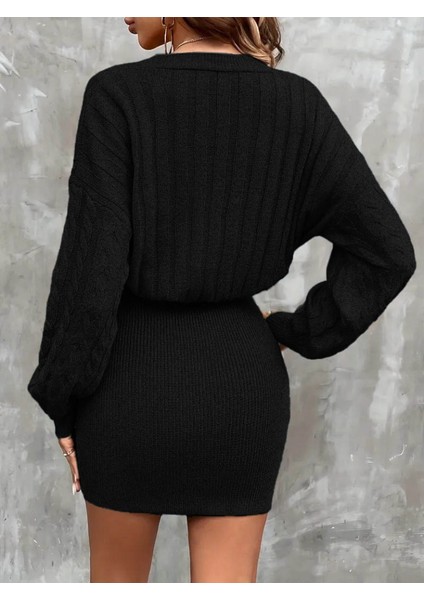 Kadın Uzun Kollu V Yakalı Önden Düğmeli Kısa Triko Elbise fiyatları