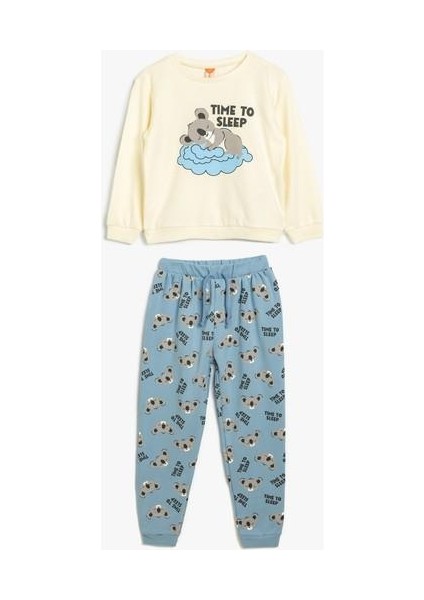 Pijama Takımı Koala Baskılı Uzun Kollu Bisiklet Yaka Pamuklu