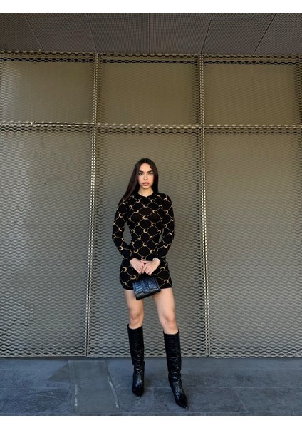 Kadın Bisiklet Yaka Uzun Kol Triko Mini Boy Elbise modelleri