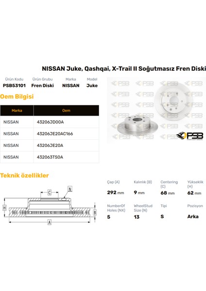 Fren Diski Arka 292MM Nıssan Qashqaı 2007- X-Traıl 2007- Juke 2010- Oem Kodu - 43206-JE20AC-PSB53101