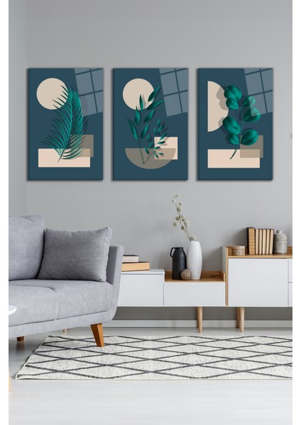 Soyut Minimalist Yapraklar 3'lü Cam Tablo Seti, Modern Ev Ofis Dekoru, Hediyelik Duvar Dekorasyonu modelleri