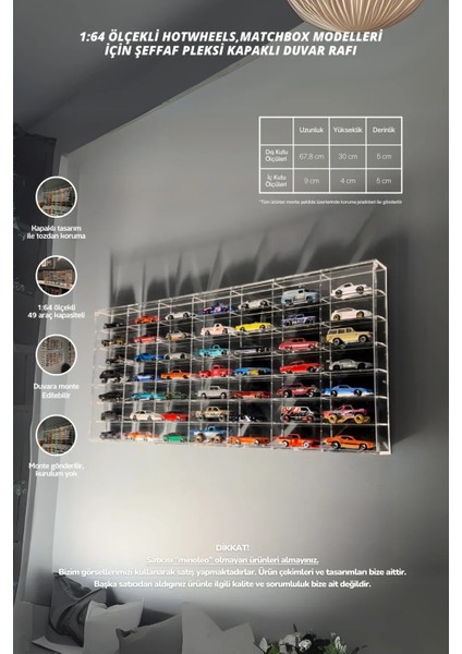 49 Kapasiteli Pleksi Kapaklı Hot Wheels Sergileme Rafı Diecast Matchbox Araba 1:64 Ölçek