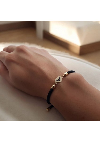 14 Ayar Altın Plakalı Kartal Temalı Siyah Örgü Ipli Kalp Figürlü Hediye BILEKLIK-475SEMBOL