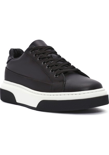 Erkek Siyah Bağcıklı Kalın Tabanlı Deri Sneaker 25WFD610918