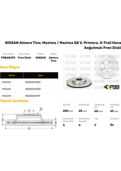 Fren Diski Ön 280MM Nıssan Prımera 2002- Almera 2000- X-Traıl 2001- Oem Kodu - 40206-4U107-PSB68209