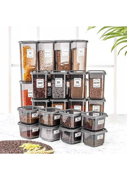 24'lü Set Kapaklı Kare Erzak Saklama Kabı Antrasit 8x(0,50 Lt-1,10 Lt -1,70 Lt) Etiket Hediyeli