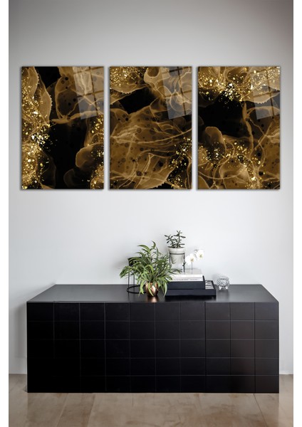 Kahverengi Gold Duman 3'lü Cam Tablo Seti, Modern Ev ve Ofis Dekoru, Hediyelik Duvar Dekorasyonu