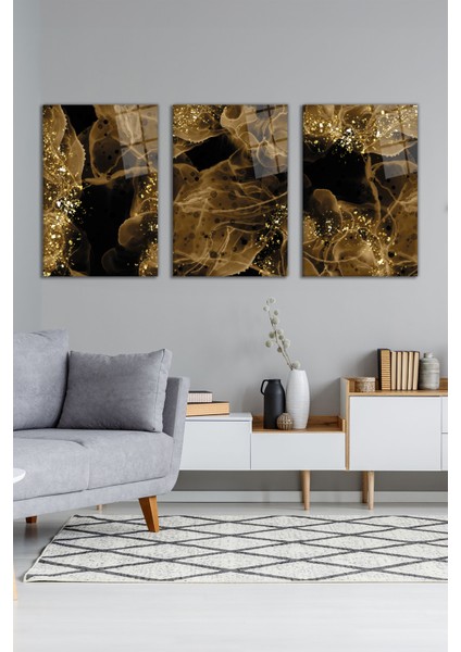 Kahverengi Gold Duman 3'lü Cam Tablo Seti, Modern Ev ve Ofis Dekoru, Hediyelik Duvar Dekorasyonu modelleri