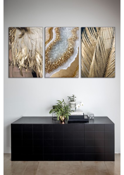 Soyut Gold Detay Tüy, Yaprak 3'lü Cam Tablo Seti, Modern Ev Ofis Dekoru Hediyelik Duvar Dekorasyonu