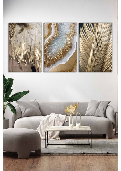 Soyut Gold Detay Tüy, Yaprak 3'lü Cam Tablo Seti, Modern Ev Ofis Dekoru Hediyelik Duvar Dekorasyonu fiyatları