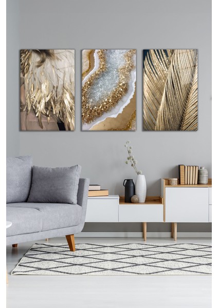 Soyut Gold Detay Tüy, Yaprak 3'lü Cam Tablo Seti, Modern Ev Ofis Dekoru Hediyelik Duvar Dekorasyonu modelleri