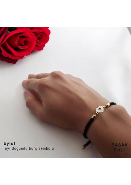 14 Ayar Altın Plakalı Başak Burçlarına Özel Siyah Örgü Ipli Kalp Figürlü Hediye BILEKLIK-475BURÇ