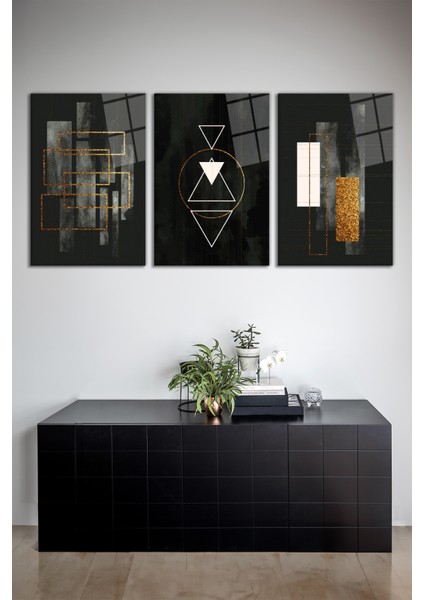 Soyut Gold Gri Minimalist 3'lü Cam Tablo Seti, Modern Ev Ofis Dekoru, Hediyelik Duvar Dekorasyonu