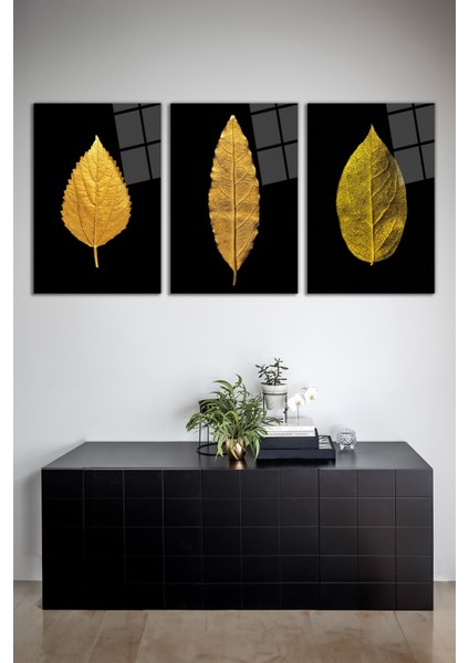 Siyah Fonda Altın Yapraklar 3'lü Cam Tablo Seti, Modern Ev Ofis Dekoru, Hediyelik Duvar Dekorasyonu