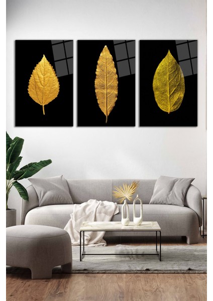 Siyah Fonda Altın Yapraklar 3'lü Cam Tablo Seti, Modern Ev Ofis Dekoru, Hediyelik Duvar Dekorasyonu fiyatları