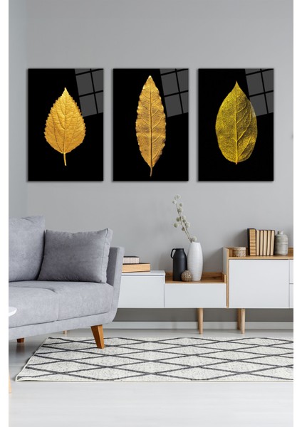 Siyah Fonda Altın Yapraklar 3'lü Cam Tablo Seti, Modern Ev Ofis Dekoru, Hediyelik Duvar Dekorasyonu modelleri