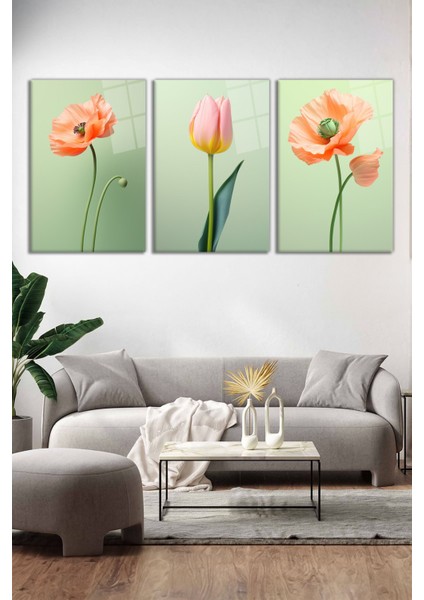 Lale ve Gelincik Çiçeği 3'lü Cam Tablo Seti, Modern Ev ve Ofis Dekoru, Hediyelik Duvar Dekorasyonu fiyatları