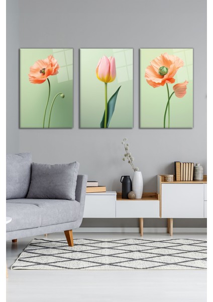 Lale ve Gelincik Çiçeği 3'lü Cam Tablo Seti, Modern Ev ve Ofis Dekoru, Hediyelik Duvar Dekorasyonu modelleri