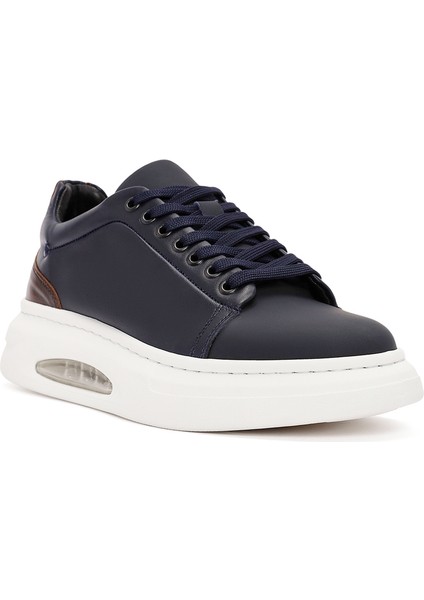 Erkek Lacivert Bağcıklı Kalın Tabanlı Deri Sneaker 25WFD611318