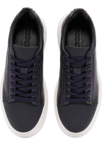 Erkek Lacivert Bağcıklı Kalın Tabanlı Deri Sneaker 25WFD611318