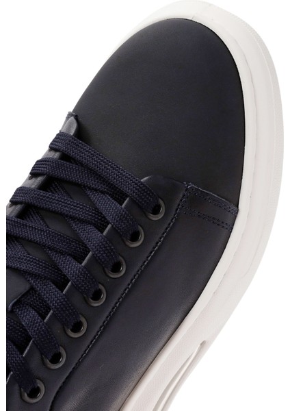 Erkek Lacivert Bağcıklı Kalın Tabanlı Deri Sneaker 25WFD611318