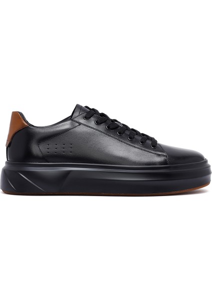 Erkek Siyah Bağcıklı Kalın Tabanlı Deri Sneaker 25WFD611618