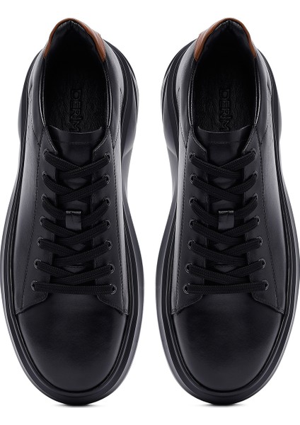 Erkek Siyah Bağcıklı Kalın Tabanlı Deri Sneaker 25WFD611618