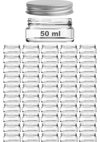 50 ml Metal Gümüş Kapaklı Kozmetik Kavanozu 50 cc Şeffaf Cam Krem Kavanoz 50 Adet