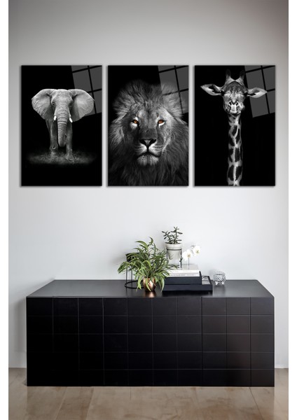 Aslan, Zürafa ve Fil 3'lü Cam Tablo Seti, Modern Ev ve Ofis Dekoru, Hediyelik Duvar Dekorasyonu