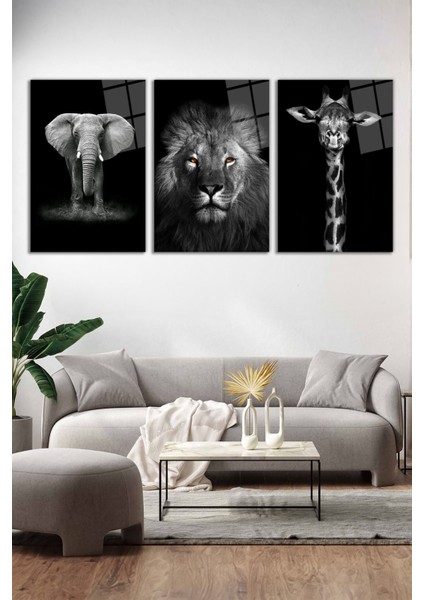 Aslan, Zürafa ve Fil 3'lü Cam Tablo Seti, Modern Ev ve Ofis Dekoru, Hediyelik Duvar Dekorasyonu fiyatları