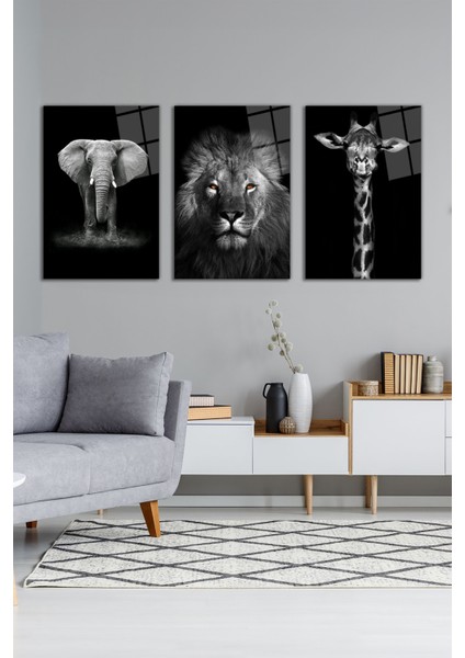 Aslan, Zürafa ve Fil 3'lü Cam Tablo Seti, Modern Ev ve Ofis Dekoru, Hediyelik Duvar Dekorasyonu modelleri