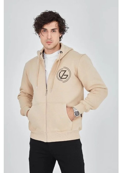 Erkek Kapüşonlu Baskılı Fermuarlı Hırka - Bej fırsatları