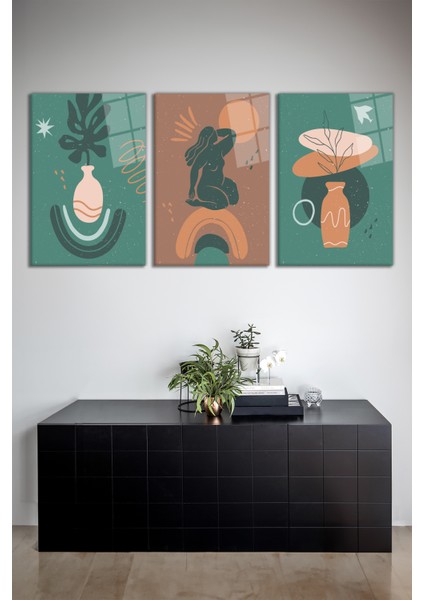 Minimalist Modern Illüstrasyon 3'lü Cam Tablo Seti, Modern Ev Ofis Dekor Hediyelik Duvar Dekorasyon