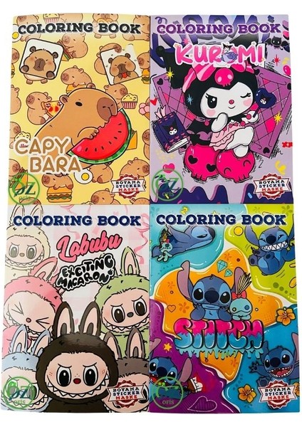 4'lü Boyama Labubu Kuromi Capybara Stitch Stickerlı Maskeli Boyama Kitapları
