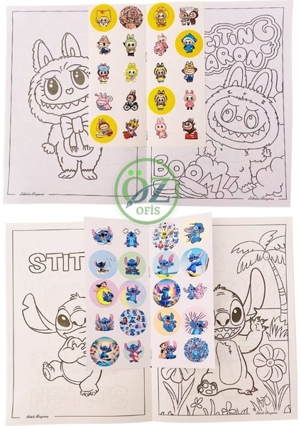 4'lü Boyama Labubu Kuromi Capybara Stitch Stickerlı Maskeli Boyama Kitapları modelleri