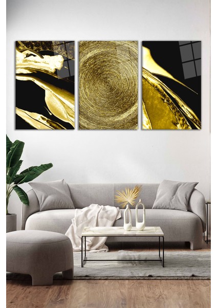 Soyut Gold Siyah Kombin 3'lü Cam Tablo Seti, Modern Ev ve Ofis Dekoru, Hediyelik Duvar Dekorasyonu fiyatları