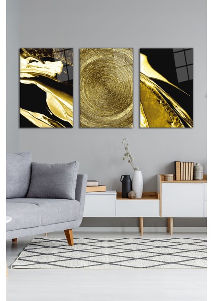 Soyut Gold Siyah Kombin 3'lü Cam Tablo Seti, Modern Ev ve Ofis Dekoru, Hediyelik Duvar Dekorasyonu modelleri