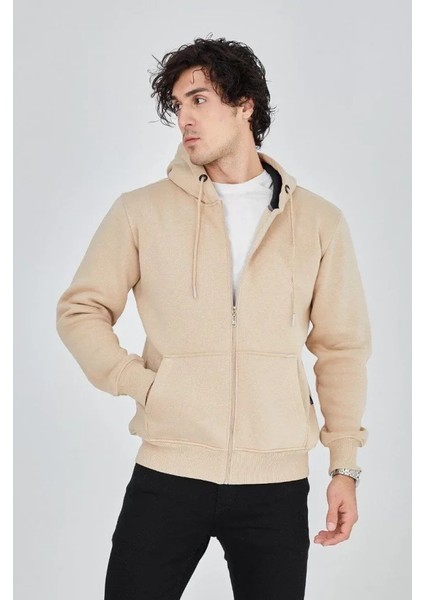 Erkek Kapüşonlu Düz Fermuarlı Hırka - Bej