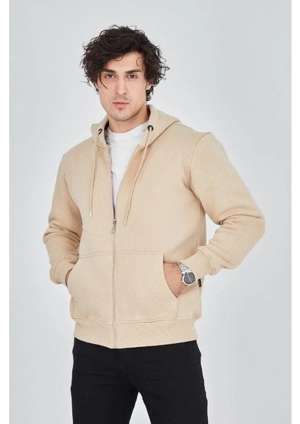 Erkek Kapüşonlu Düz Fermuarlı Hırka - Bej fiyatları