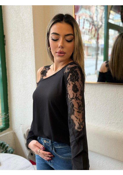 Kadın Tek Omuzu Açık Askılı Dantelli Viskon Bluz modelleri