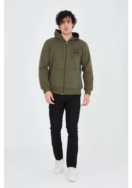 Erkek Kapüşonlu Baskılı Fermuarlı Hırka - Yeşil