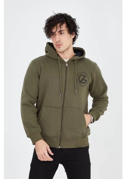 Erkek Kapüşonlu Baskılı Fermuarlı Hırka - Yeşil fırsatları